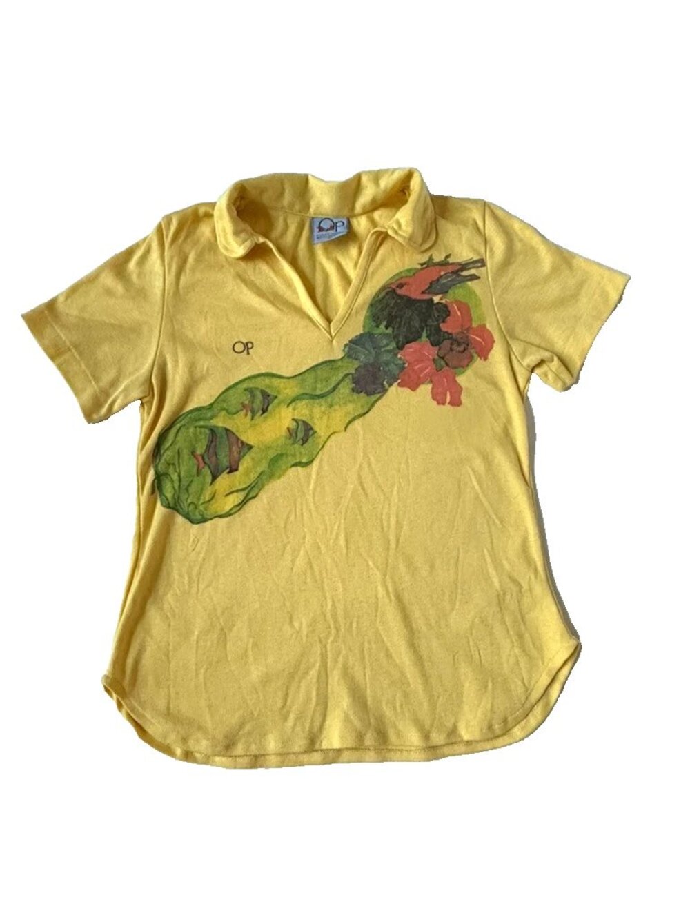 OP Womens M Vintage Sunwear Ocean Pacific V-neck Yellow Tee Shirt Fish 70s 80s